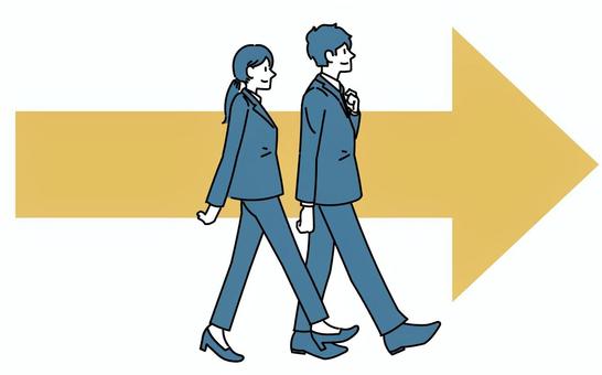 胸を張って歩くスーツ姿の男女と矢印 男性,女性,男女,全身,歩く,進む,笑顔,矢印,成長,前進のイラスト素材