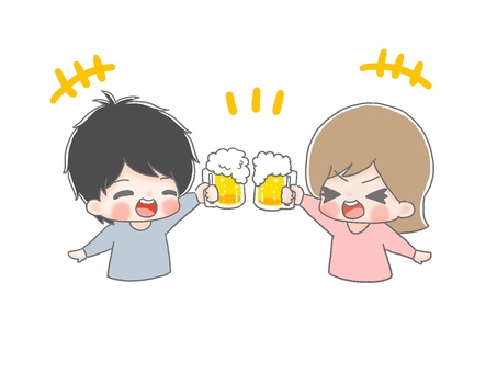 ビールで乾杯二人５ 手描き,男性,女性,黒髪,茶髪,乾杯,ビール,お酒,飲み会,打ち上げのイラスト素材