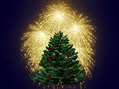 クリスマスツリーオーナメント付と花火 クリスマスツリー,背景,おしゃれ,冬,クリスマス,ツリー,オーナメント,飾り,花火,柳のイラスト素材