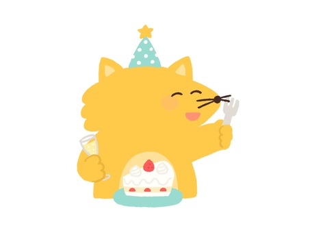パーティーでケーキを食べるキツネ ケーキ,キツネ,動物,食べる,ショートケーキ,パーティー,誕生日,クリスマス,12月,イベントのイラスト素材