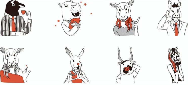 アニマルマスクを被ったゆかいな人々 02 うさぎ,シマウマ,ペンギン,カバ,羊,ロバ,牛,動物,アニマルマスク,お面のイラスト素材
