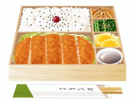 とんかつ弁当（折詰） とんかつ,弁当,昼食,料理,食べ物,ご飯,梅干し,ごま,キャベツ,千切りのイラスト素材