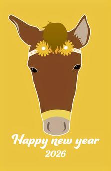 2026年　午年　馬と花柄の年賀状　黄 午年,年賀状,午,お正月,正月,2026,年賀はがき,年賀,令和8年,2026年のイラスト素材