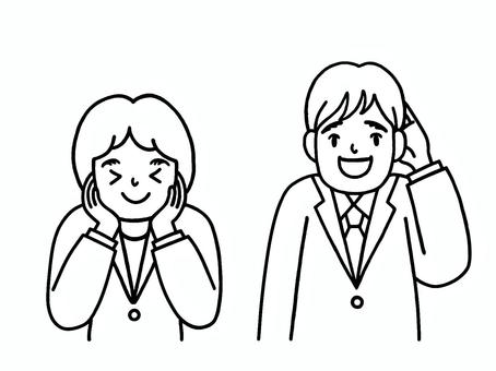 照れる男女のビジネスマン（線画） 照れる,男女,ビジネスマン,二人,男性,女性,会社員,社会人,笑顔,恥ずかしがるのイラスト素材