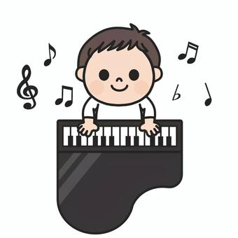 楽しそうに黒いピアノを弾く男の子1 ピアノ,鍵盤,楽器,トイピアノ,音符,音楽,音楽教室,音楽会,演奏,習い事のイラスト素材