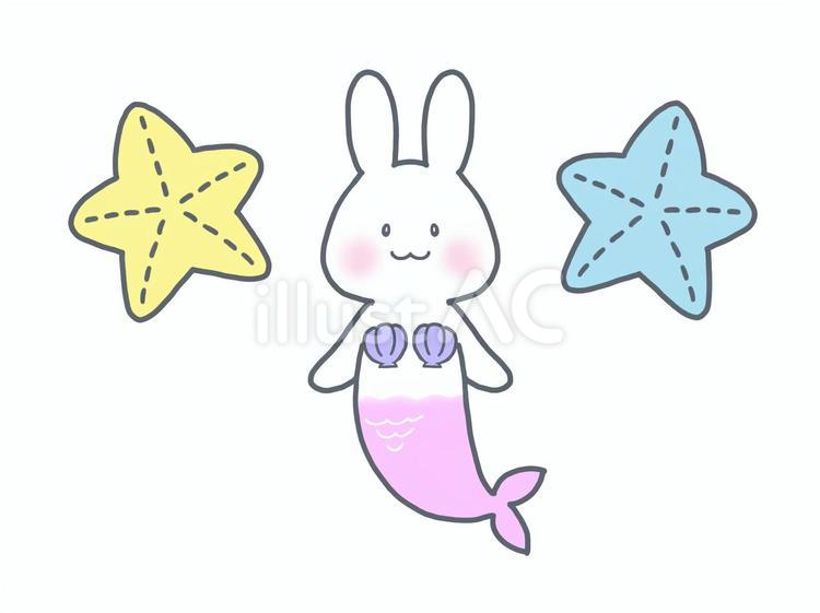 うさぎ人魚とヒトデ（ピンク） 人魚,人魚姫,ヒトデのイラスト素材