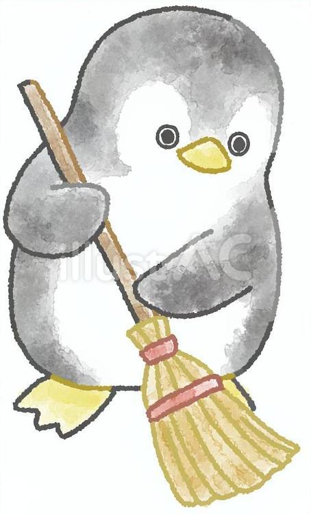 お掃除をするペンギン（ほうき） 動物,アニマル,ペンギンのイラスト素材
