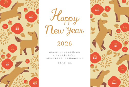 和モダンな椿、菊、馬散らしの年賀状2 年賀状,午年,午,椿,ボタニカル,馬,テンプレート,年賀,はがき,お正月のイラスト素材