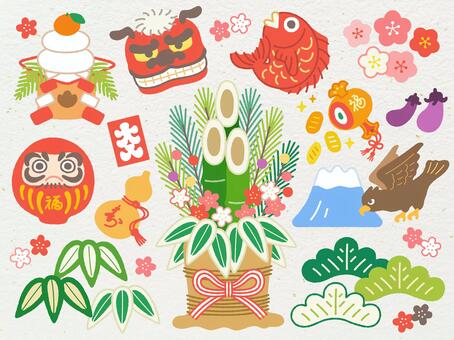 手描きのお正月縁起物セット【カラフル】 正月,縁起物,セット,シンプル,あしらい,飾り,手描き,かわいい,門松,鏡餅のイラスト素材