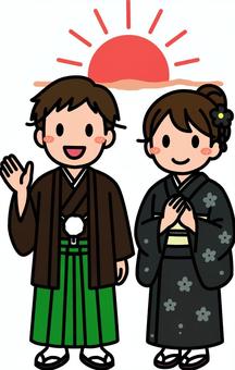 茶色と黒のお正月の人です。 お正月,シンプル,和装,和服,成人式,卒業式,コスチューム,正装,日本,初日の出のイラスト素材