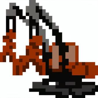 ドット絵のダークオレンジの双腕重機です。 ドット絵,双腕重機,シンプル,重機,建設機械,解体,油圧ショベル,作業車,掘削機,ブルトーザーのイラスト素材