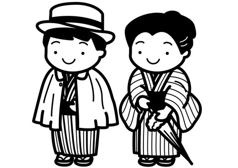 明治人-1c 明治時代,明治,レトロ,服装,帽子,コート,インパネス,トンビコート,着物,帯のイラスト素材