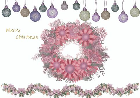 オーナメントとイラストイラスト オーナメント,リース,植物,花,輪,白背景,クリスマス,メリークリスマス,松ぼっくり,リボンのイラスト素材