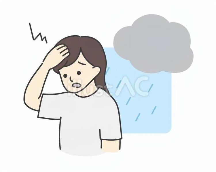 雨の日に頭痛に悩む女性 頭痛,偏頭痛,低気圧のイラスト素材