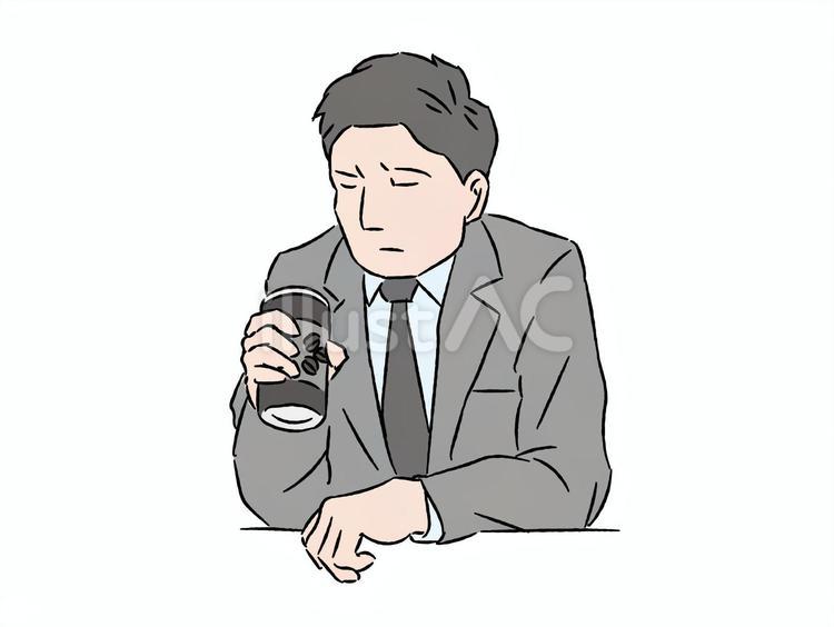 疲れて缶コーヒーを飲む男性 会社員,屋上,落ち込むのイラスト素材