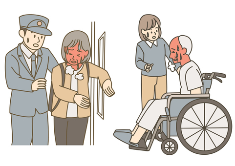 熱中症の高齢者に声をかける人々 声かけ,熱中症,外出,真夏,猛暑,高齢者,男性,女性,人物,駅員のイラスト素材
