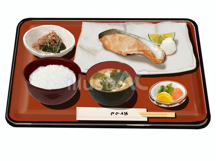 鮭の塩焼き定食A（朱色お盆付き） 鮭,しゃけ,塩焼きのイラスト素材