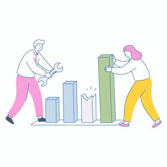 折れた業績グラフを修理するビジネスチーム 折れた業績グラフを修理するビジネスチーム 人物,男女,ビジネス,チーム,グラフ,修理,改善,問題,対策,分析のイラスト素材