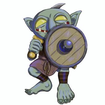 ゴブリン　革鎧＆シミター＆盾　受けの構え trpg,ゴブリン,モンスター,立ち絵,コマ,ファンタジー,敵のイラスト素材