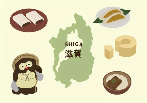 滋賀イラストセット 滋賀,たぬき,信楽焼,バームクーヘン,鮒寿司,焼鯖素麺,糸切り餅,地図,ご当地,観光地のイラスト素材