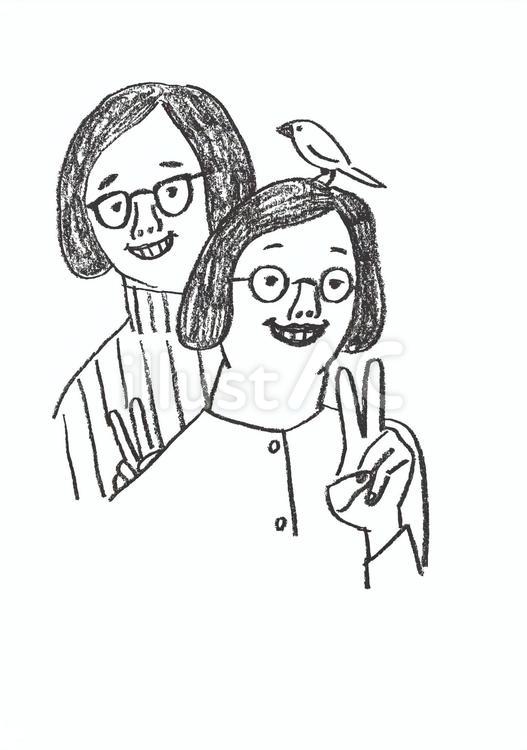 似ている姉妹と文鳥、記念写真 女性,2人,めがねのイラスト素材