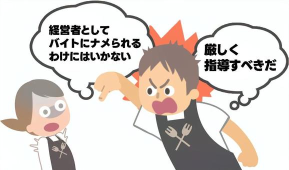 誤った経営思想の飲食店経営者男性 パワハラ,怒鳴る,全否定,厳しい,指導,行き過ぎ,人権侵害,ナメる,バイト,パートのイラスト素材