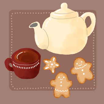 冬のティータイムセット 冬,紅茶,ティーポット,マグカップ,カフェ,おやつ,キッチン雑貨,クッキー,アイシング,お菓子のイラスト素材