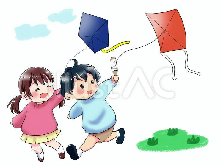 凧あげで遊ぶ男の子と女の子 凧あげ,凧,遊びのイラスト素材