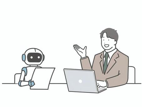 AIロボットと打ち合わせするスーツの男性 男性,人物,若い,大人,スーツ,会議,ロボット,ai,パソコン,ノートパソコンのイラスト素材
