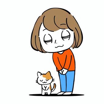 お辞儀をして挨拶をする女性と猫 挨拶,宜しく,礼儀,お辞儀,真面目,瞑る,目上,女性,猫,コミカルのイラスト素材