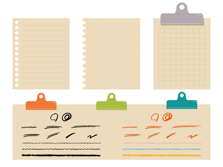 メモ紙とクリップと手描きライン素材セット メモ用紙,メモ,ノート,方眼紙,文房具,文具,紙,ビリビリ,破く,クラフト紙のイラスト素材