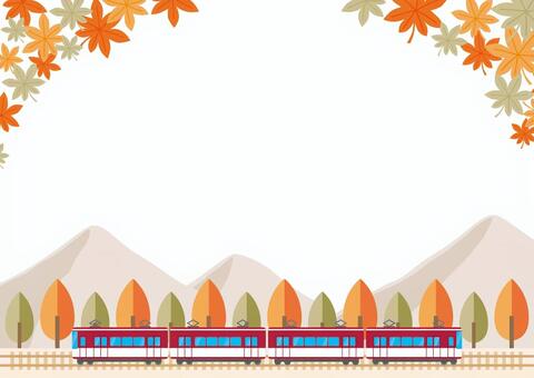 秋の紅葉旅行 もみじと山と電車の背景 紅葉,電車,背景,秋,旅行,壁紙,フレーム,枠,4両,横のイラスト素材