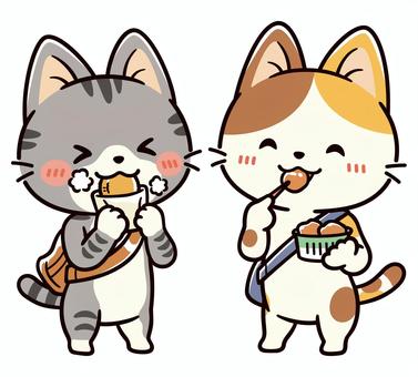 旅行先で仲良く揚げ物を食べる可愛い猫たち 食べ歩き,旅行,観光,コロッケ,食べ物,食べる,観光客,からあげ,アツアツ,揚げたてのイラスト素材