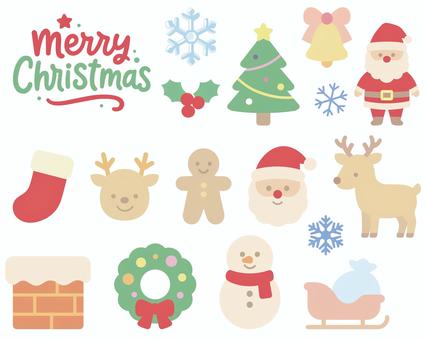 クリスマス（パステルカラー）セット クリスマス,メリークリスマス,メリクリ,サンタクロース,トナカイ,リース,クリスマスベル,ベル,靴下,煙突のイラスト素材