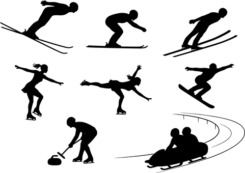 冬季オリンピック競技シルエット 冬季オリンピック,スキージャンプ,スノーボード,フィギュアスケート,カーリング,ボブスレー,冬スポーツ,氷上競技,雪上競技,アイススケートのイラスト素材