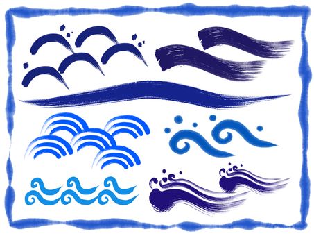 いろいろな筆線波　枠ありカラー 波,和風,ブルー,青,手書き,手描き,和,かすれ,筆,川のイラスト素材