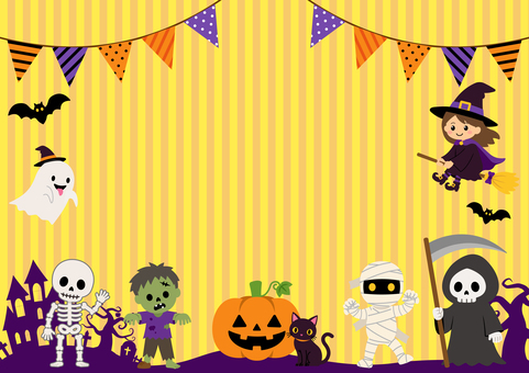 ハロウィン背景_04 ハロウィン,ハロウィーン,背景,フレーム,バックグラウンド,壁紙,ストライプ,ストライプ柄,黄色,イエローのイラスト素材