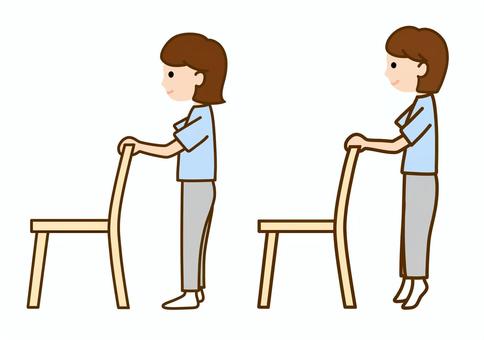 椅子につかまって背伸び運動をする女性 フレイル,ロコモ,予防,女性,お母さん,椅子,足腰,鍛える,ストレッチ,体操のイラスト素材