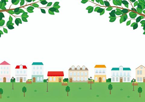 木の葉と欧州風の街並みのイラスト風景 木の葉と欧州風の街並みのイラスト風景 街,洋風,北欧風,家,街灯,木,花壇,イラスト,風景,背景のイラスト素材