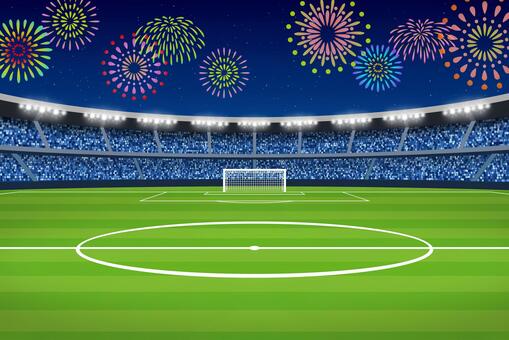 #3966花火とサッカー場 サッカー,スタジアム,競技場,スポーツ,フィールド,ピッチ,ゴール,観客席,試合,観戦のイラスト素材