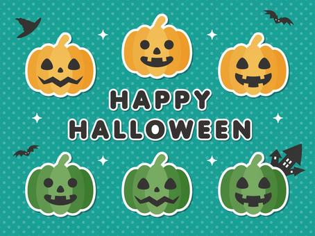 かぼちゃのお化けとハロウィンの文字 青 ハロウィン,かぼちゃ,文字,コウモリ,館,アイコン,ドット,水玉,パターン,模様のイラスト素材