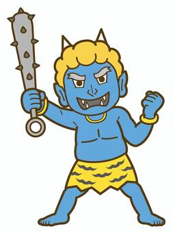 青オニ_26 鬼,節分,イラスト,おに,オニ,2月,青鬼,金棒,こん棒,虎柄のイラスト素材