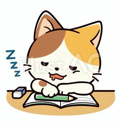 勉強中に寝落ちしてしまった可愛い三毛猫