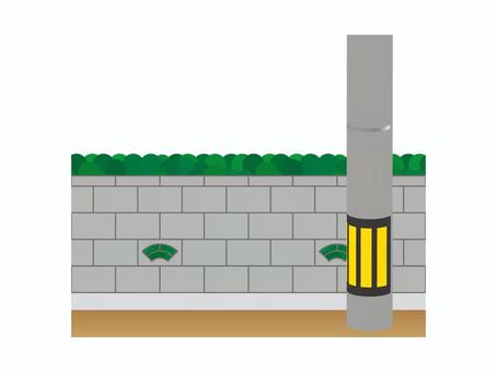 道端の電柱 電柱,ブロック,塀,生垣,垣根,木,植物,道路,未舗装,道端のイラスト素材