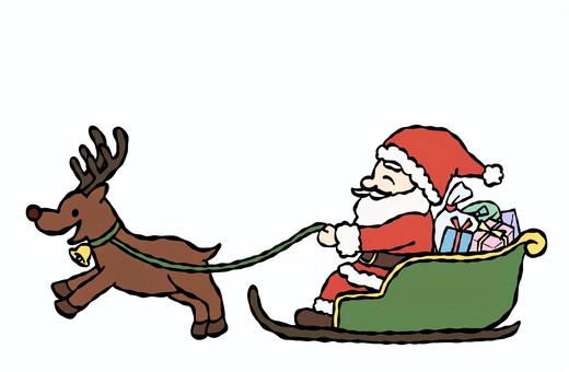 サンタクロースとトナカイのカラーイラスト サンタクロース,サンタ,トナカイ,ソリ,プレゼント,ギフト,クリスマス,クリスマスイブ,ホリデー,冬のイラスト素材
