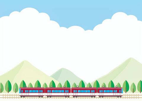 電車が緑豊かな山を走る旅行の背景1 電車,旅行,背景,山,山並み,木,林,緑,新緑,青空のイラスト素材
