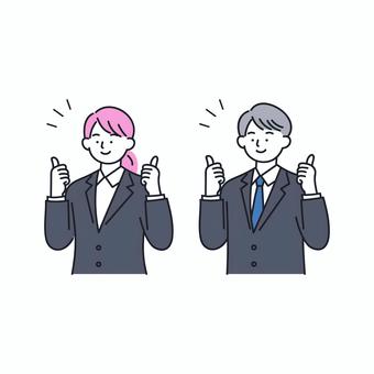 グッドポーズをするビジネス男女 人物,ビジネス,就活,男性,女性,スーツ,笑顔,成功,承認,応援のイラスト素材
