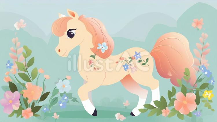 可愛いお馬さんと花畑 可愛いお馬さんと花畑 馬,花,かわいいのイラスト素材