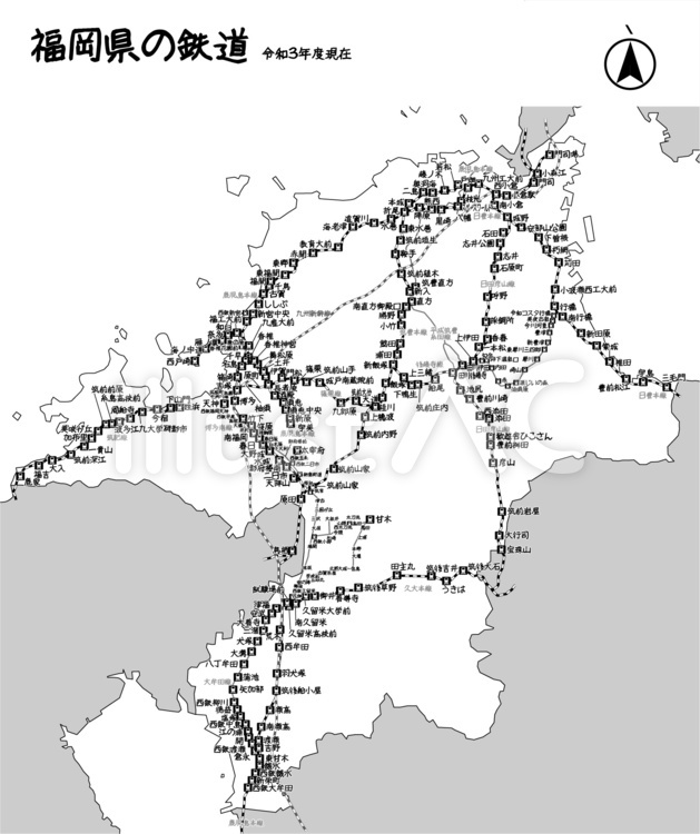 福岡県　鉄道　線路　駅　日本　地図　白黒 福岡県,鉄道,線路のイラスト素材