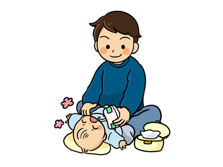 おむつを替えるパパ パパ,育児,おむつ替え,紙おむつ,お尻拭き,赤ちゃん,男の子,男性,笑顔,ご機嫌のイラスト素材